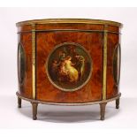 A SUPERB MAHOGANY, SATINWOOD AND PAINTED BOWFRONT COMMODE, EARLY 20TH CENTURY, the top painted