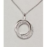 AN 18CT WHITE GOLD DIAMOND SET DOUBLE HALO PENDANT NECKLACE.