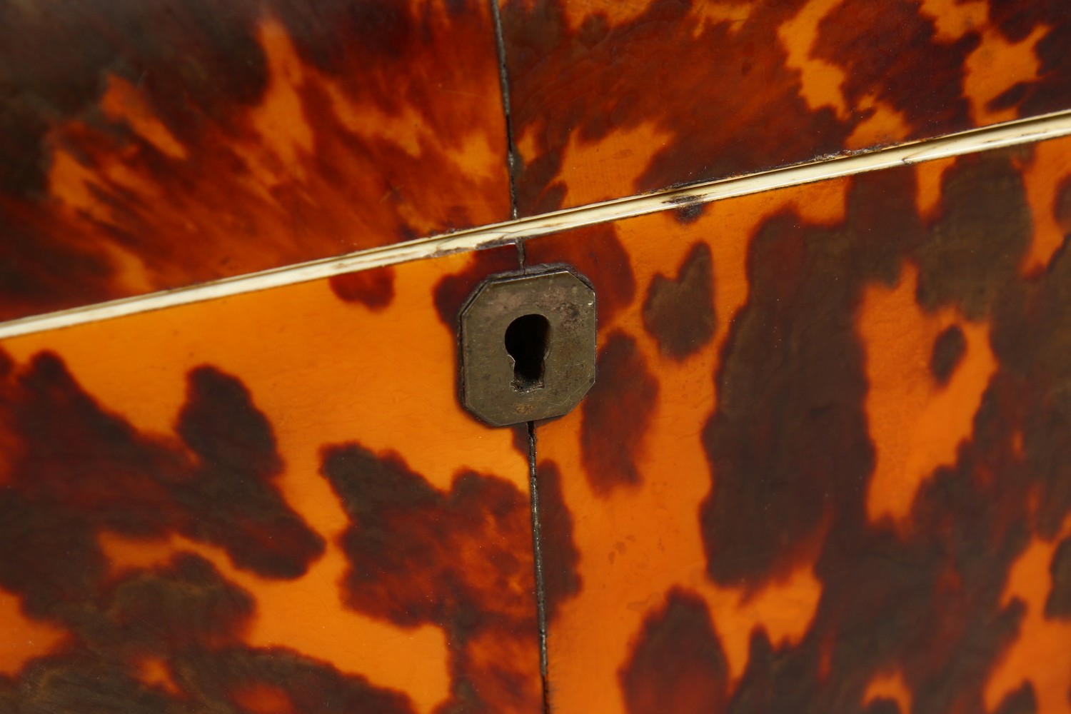 A GOOD GEORGE III TORTOISESHELL AND IVORY TWIN COMPARTMENT TEA CADDY, with plain silver plaque and - Image 2 of 9