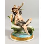 A CAPODIMONTE GROUP, a man fast asleep, seated with his foot in a pond. 6ins wide.