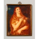 A PORTRAIT MINIATURE, penitent woman, in a slender brass frame. 3.75ins x 3ins.