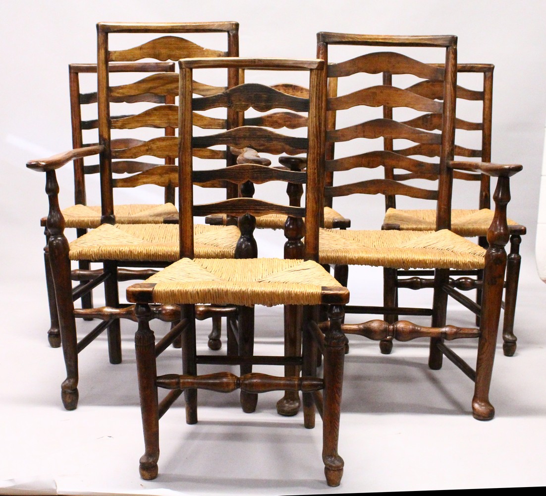 A MATCHED SET OF SIX 19TH CENTURY ASH AND ELM LADDER BACK DINING CHAIRS, two with arms, with rush - Image 6 of 8