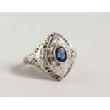 A SAPPHIRE AND DIAMOND RING, possibly in a white gold mount, unmarked.