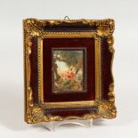 A 20TH CENTURY PORTRAIT MINIATURE, young girl on a swing, in a decorative frame. 8ins x 7.25ins.