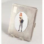 A GOOD ENGINE TURNED SILVER CIGARETTE CASE, the lid with an enamel, semi nude with black