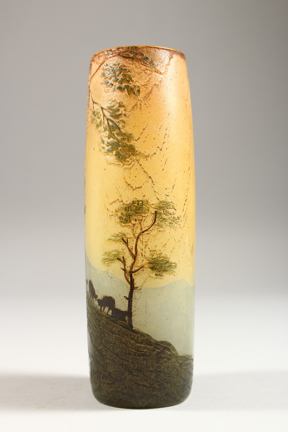 LEGRAS A GOOD CAMEO GLASS VASE, shepherdess with sheep on a hilltop with trees. Signed. 6ins high. - Image 2 of 11