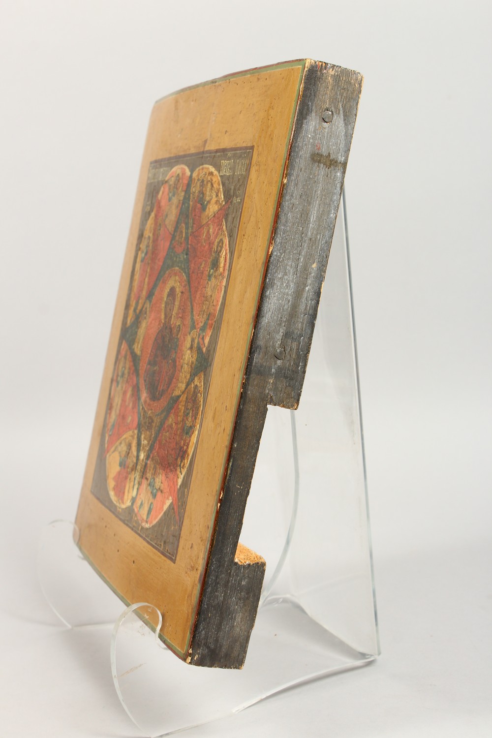 AN EARLY RUSSIAN ICON, on wooden panel. Madonna and Angels. 12ins x 11ins. - Image 9 of 10