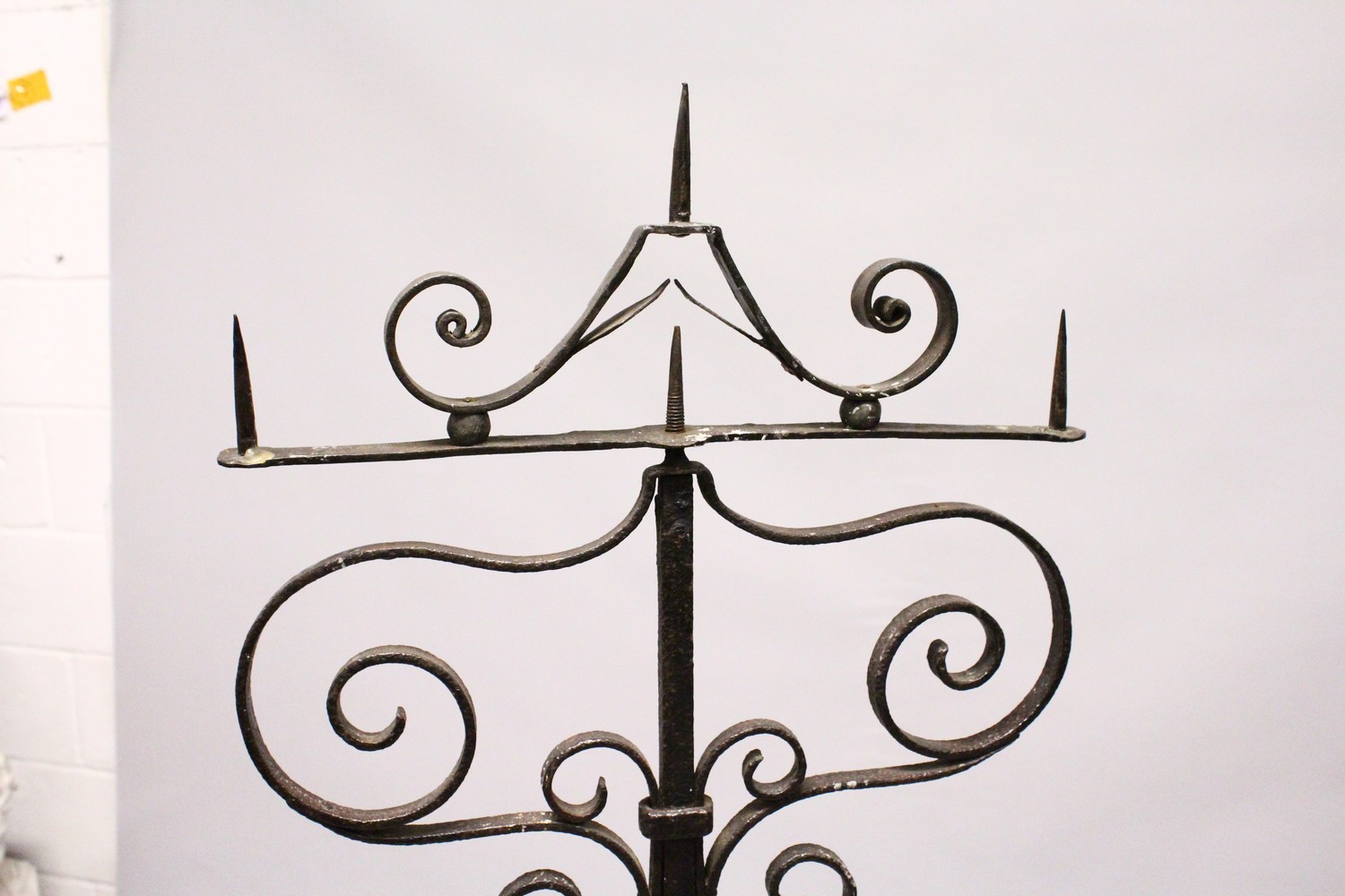 A GOOD 17TH CENTURY WROUGHT IRON FLOOR STANDING CANDELABRA, with a revolving top, ornate support - Image 3 of 6