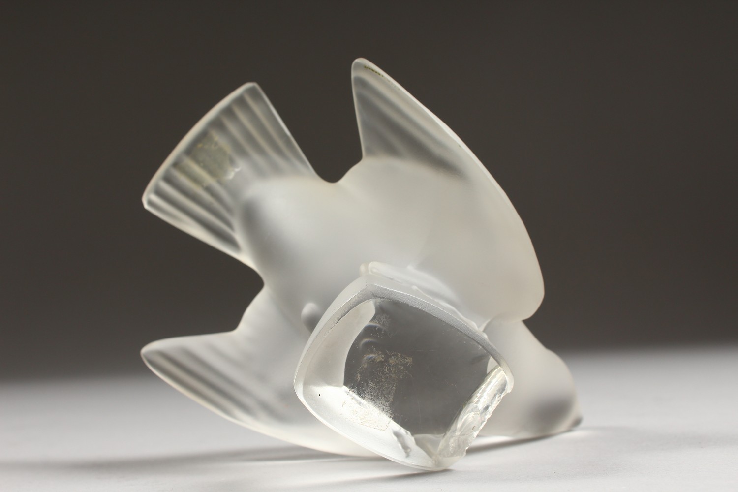 A LALIQUE FROSTED GLASS MODEL OF A BIRD, wings outswept, (base chipped). 5ins long. - Image 6 of 7