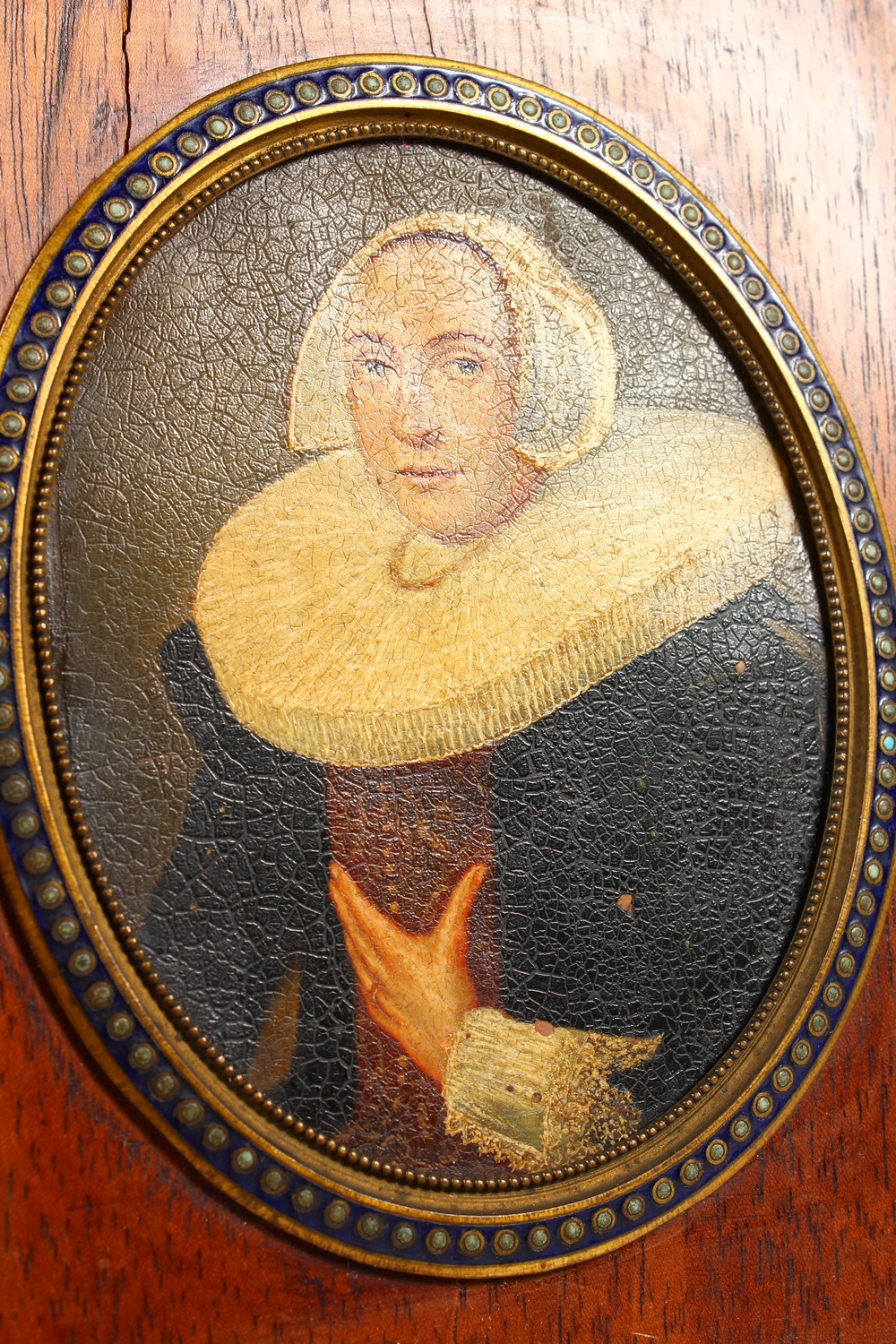 AN OVAL PORTRAIT MINIATURE, lady wearing a black coat with large white ruff, oil on copper, in an - Image 3 of 9