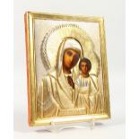 MADONNA AND CHILD, with silver gilt overlay. 8.5ins x 7ins.
