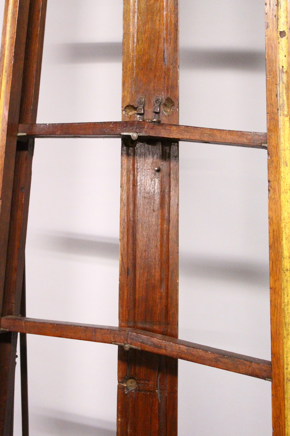 A VERY GOOD VICTORIAN GOTHIC REVIVAL MAHOGANY FOLDING LIBRARY LADDER, with fluted, parcel gilded - Image 3 of 6