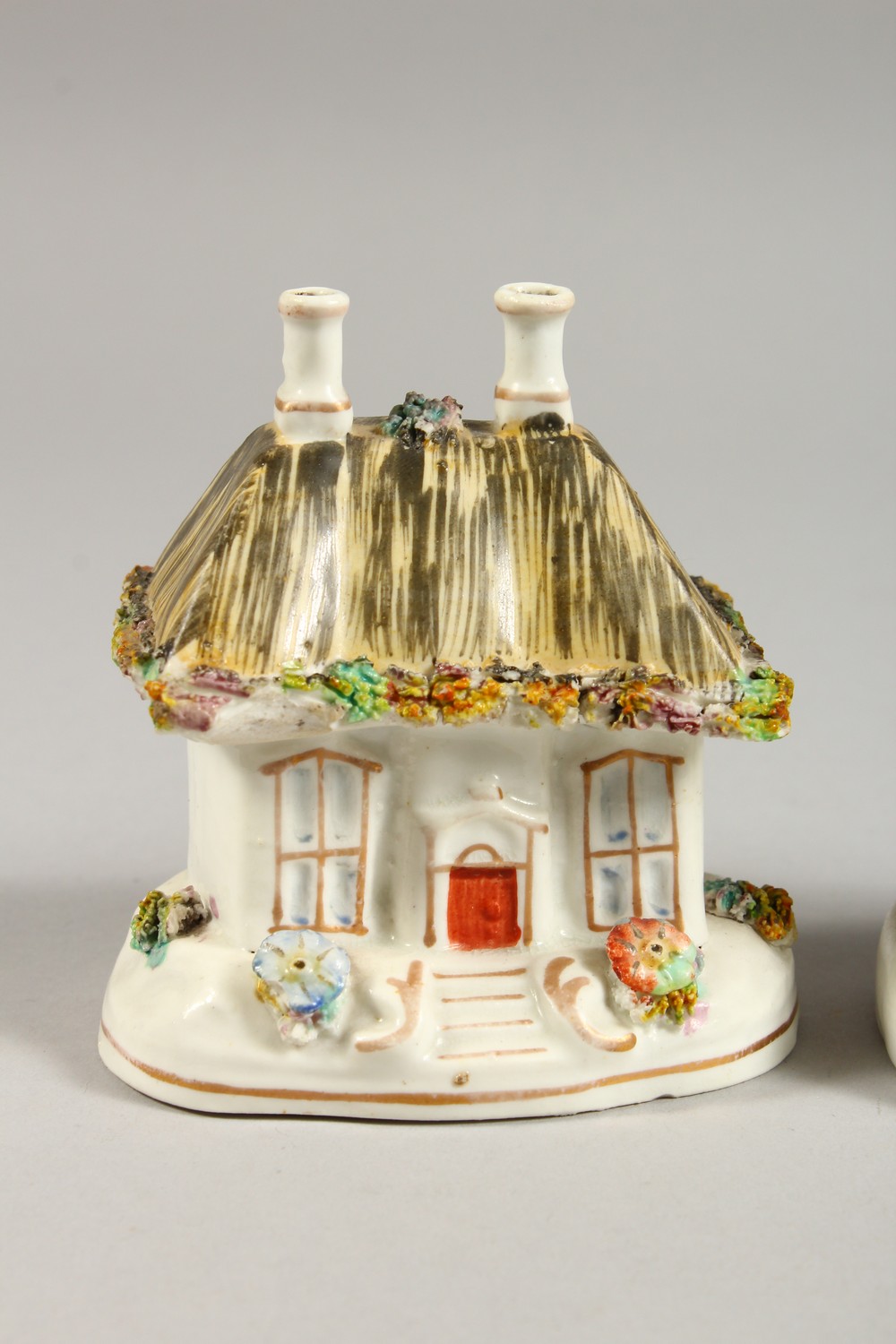 THREE SMALL 19TH CENTURY STAFFORDSHIRE PASTILLE BURNER COTTAGES. - Image 2 of 5