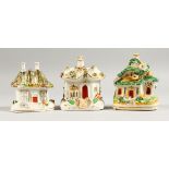 THREE SMALL 19TH CENTURY STAFFORDSHIRE PASTILLE BURNER COTTAGES.