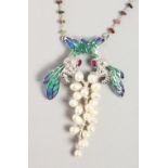 A SILVER, PLIQUE ENAMEL, PEARL AND TOURMALINE DRAGONFLY NECKLACE.
