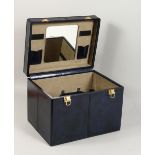 A BLUE LEATHER VANITY CASE. 14ins wide x 10.5ins deep x 10.5ins high.