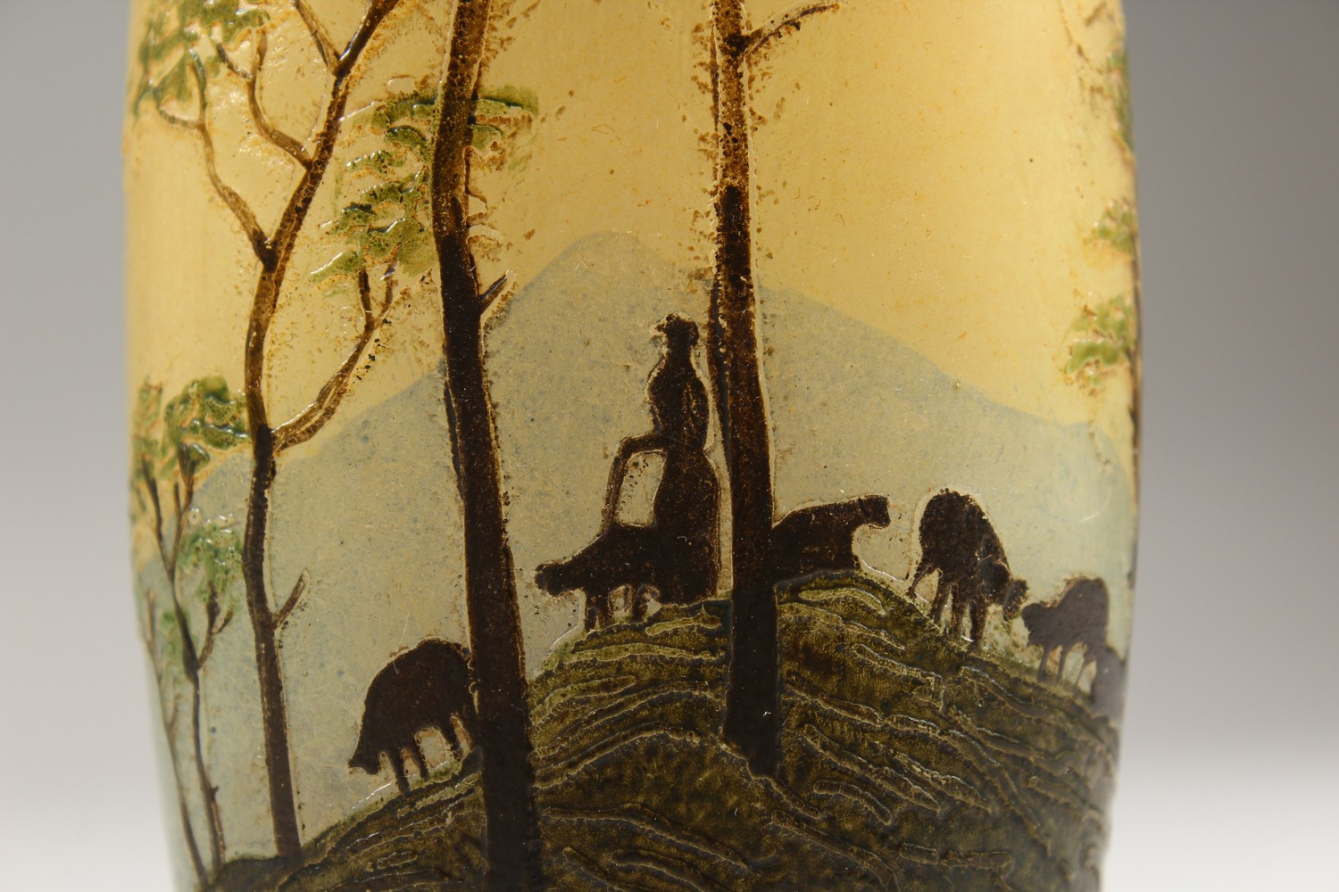 LEGRAS A GOOD CAMEO GLASS VASE, shepherdess with sheep on a hilltop with trees. Signed. 6ins high. - Image 8 of 11