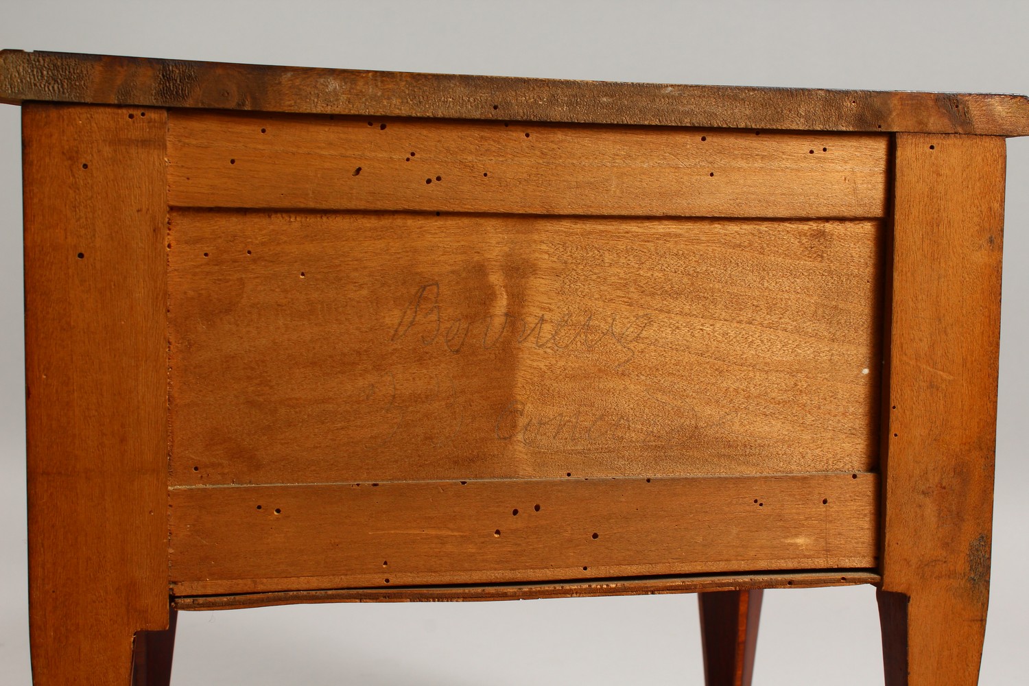 A MINIATURE FRENCH PARQUETRY AND MARQUETRY TWO DRAWER COMMODE, on tapering legs. 12ins wide. - Image 9 of 15