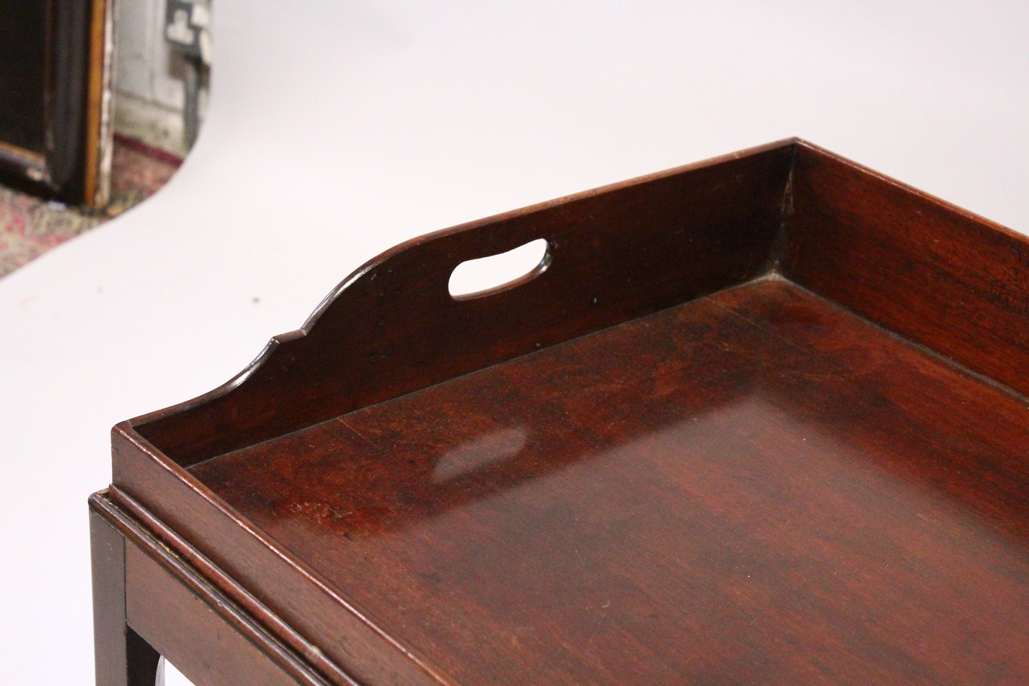 A GEORGE III MAHOGANY BUTLERS TRAY, on later stand. 2ft 9.5ins wide x 1ft 10.5ins deep x 1ft 10.5ins - Image 3 of 3