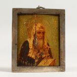 A RUSSIAN SILVER ICON. Priest, in a silver frame. 2.75ins x 2.25ins.