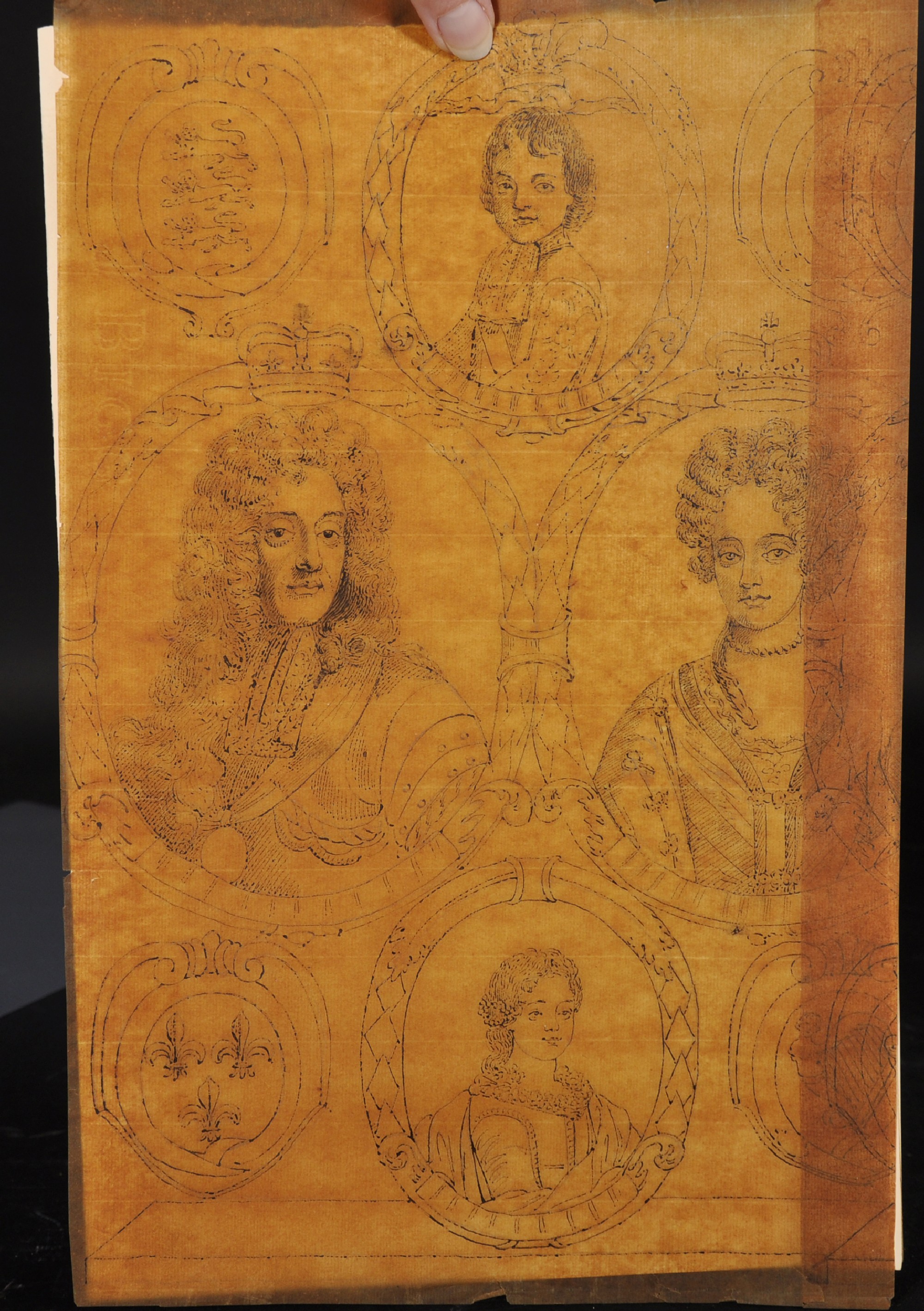 18th Century English School. Study of James II, with other Studies of Family and Heraldic Motifs, - Image 2 of 2