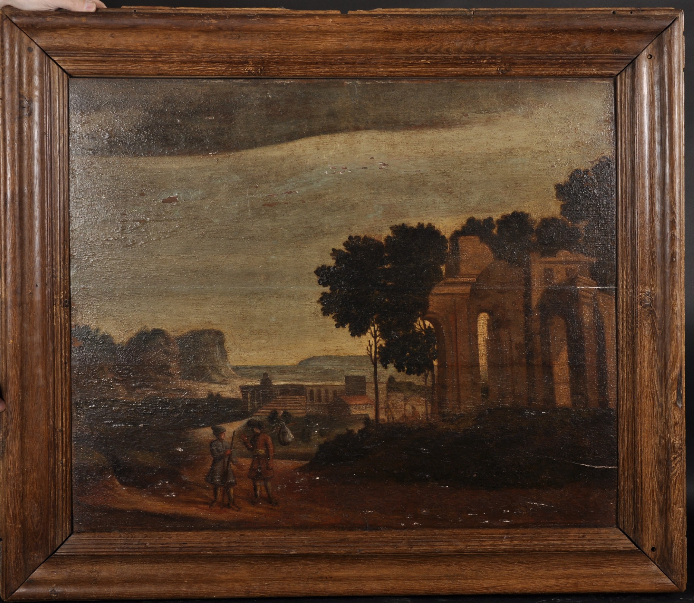 18th Century Dutch School. Figures in a Classical Landscape, Oil on Panel, 28" x 34.5". - Image 2 of 3