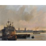 David Griffin (20th - 21st Century) British. A Thames Scene, with Moore Boats and Greenwich in the