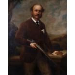 19th Century English School. Portrait of a Man, standing on a Terrace, holding a 12 Bore Shotgun,