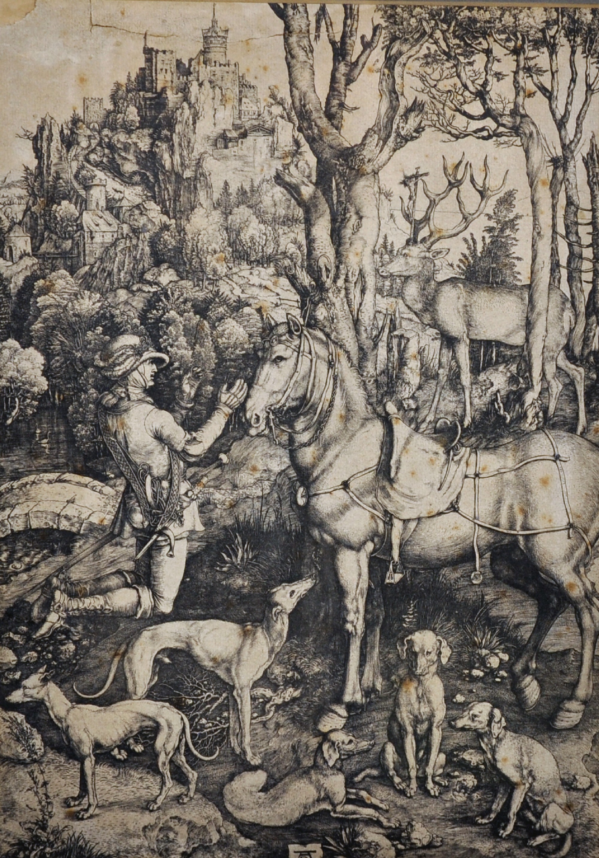 After Albrecht Durer (1471-1528) German. "St Eustace and the Stag", Engraving, 13.75" x 9.75".