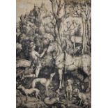 After Albrecht Durer (1471-1528) German. "St Eustace and the Stag", Engraving, 13.75" x 9.75".