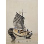 Circle of George Chinnery (1774-1852) British. Figures on a Chinese Junk, with an Artist on the