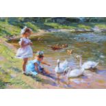 Konstantin Razumov (1974- ) Russian. "Near the Water", Two Young Girls feeding the Swans, with Ducks