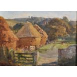 Circle of Frederick Hall (1860-1948) British. Haystacks with Chickens in the foreground, Oil on