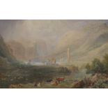 Henry Gastineau (1791-1876) British. A Mountainous River Landscape, with Figures and Cattle in the