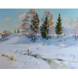 Nikolai Nikolaevitch Baskakov (1918-1993) Russian. "Winter Landscape", with Figures by a Wooden