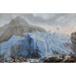 19th Century Swiss School. A Mountainous Landscape, with a Glacier, and Figures in the foreground,