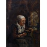 Manner of Gerrit Dou (1613-1675) Dutch. An Old Lady, seated by a Table, Oil on Canvas, 9" x 7".