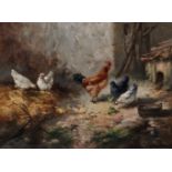 Louis Marie Lemaire (1824-1910) French. Chickens feeding in a Farmyard, Oil on Canvas, Signed, 9"