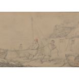 Attributed to George Morland (1762/63-1804) British. Figures Pulling in a Boat, by Cottages,