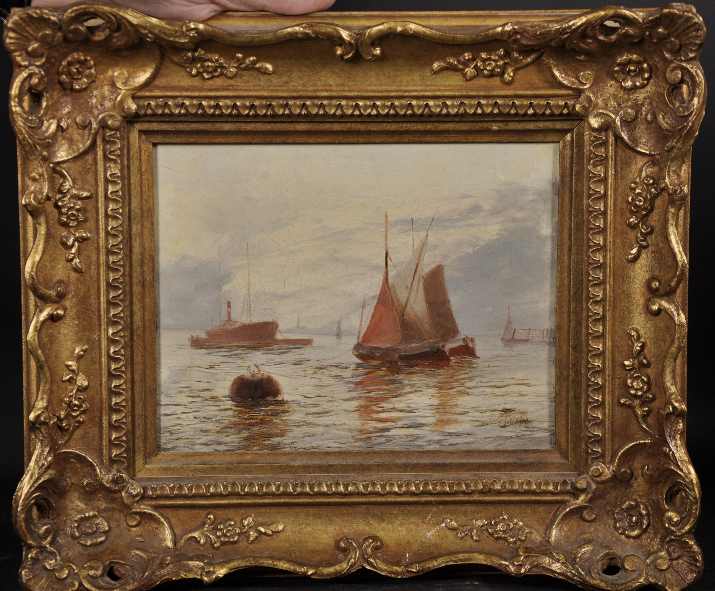 Edwin Henry Eugene Fletcher (1857-1945) British. Boats Moored in the Thames Estuary, Oil on - Image 3 of 6