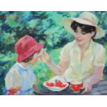 David Borisovitch Borovski (1926-2004) Russian. "Strawberries", Two Young Girls with a Bowl of