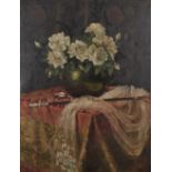 Early 20th Century European School. A Still Life of Flowers in a Green Glass Vase, on a Ledge, Oil