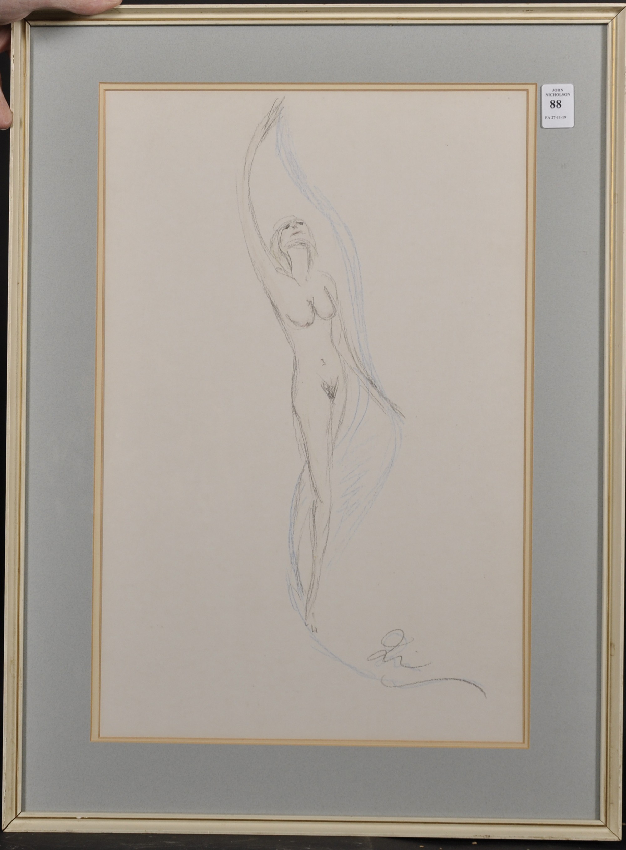 20th Century French School. Study of a Naked Lady with Ribbon, Crayon, Indistinctly Signed with - Image 2 of 4