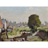 Thomas W... Armes (1894-1963) British. A Landscape with Houses and Chickens in the foreground, Oil