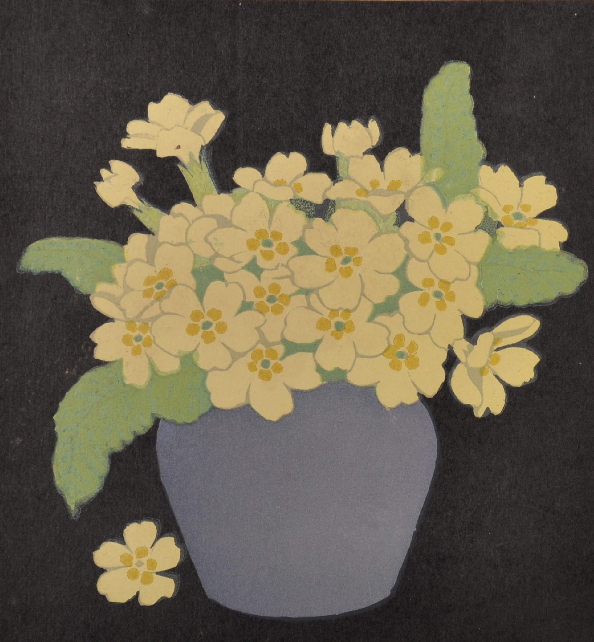 John Hall Thorpe (1874-1947) British. Primroses and Forget Me Nots in a Blue Vase, Woodcut in - Image 2 of 7