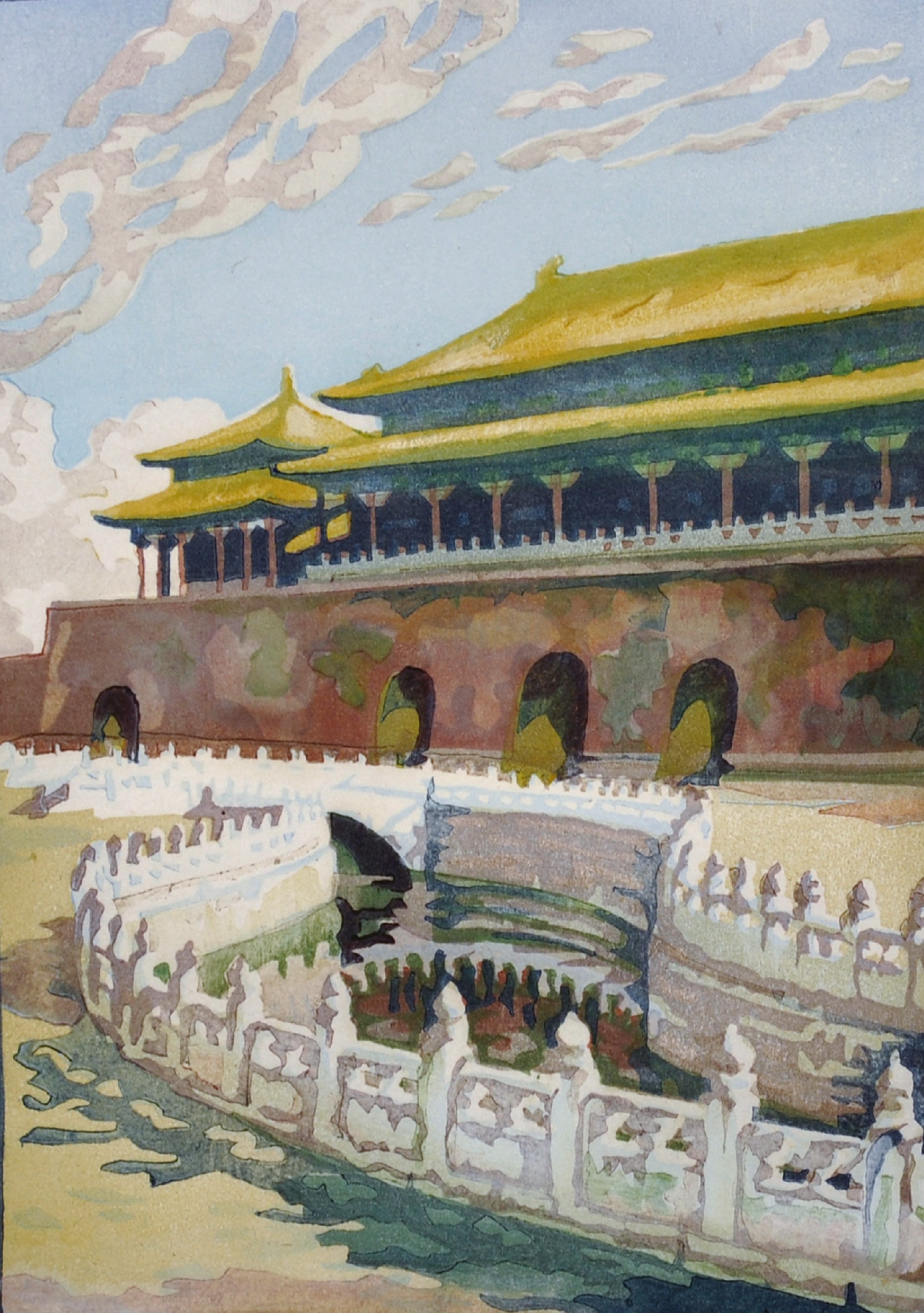 Katharine Jowett (1890-c.1965) British. "Sunshine & Solitude in the Forbidden City, Peking", Woodcut