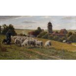 Alfred Elias (act.1885-1911) British. A Shepherd and Flock, with a Dog, Oil on Canvas, Signed, 20.5"