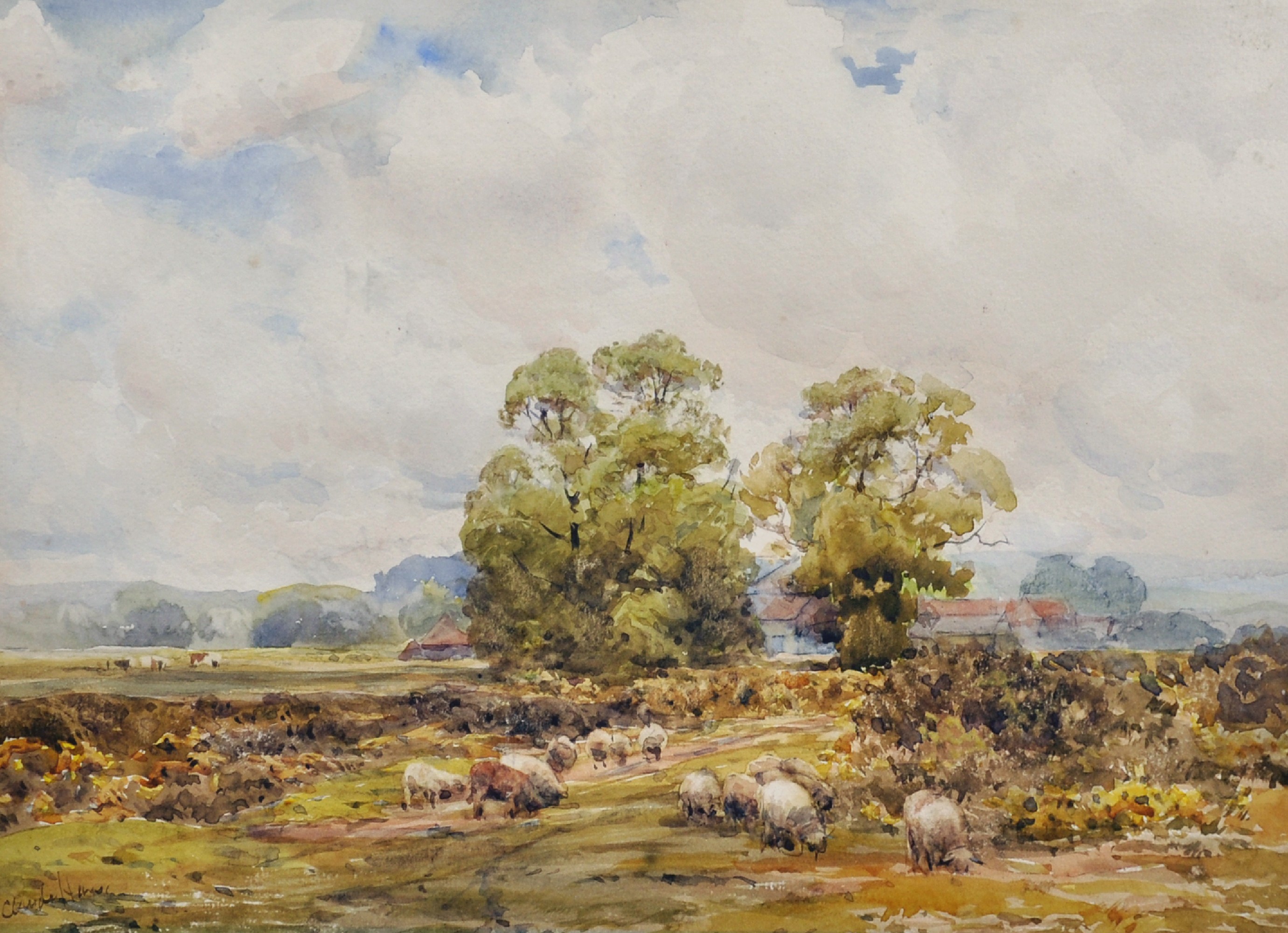 Claude Hayes (1852- 1922) British. 'Shalford' (Surrey), with Sheep grazing in the foreground,