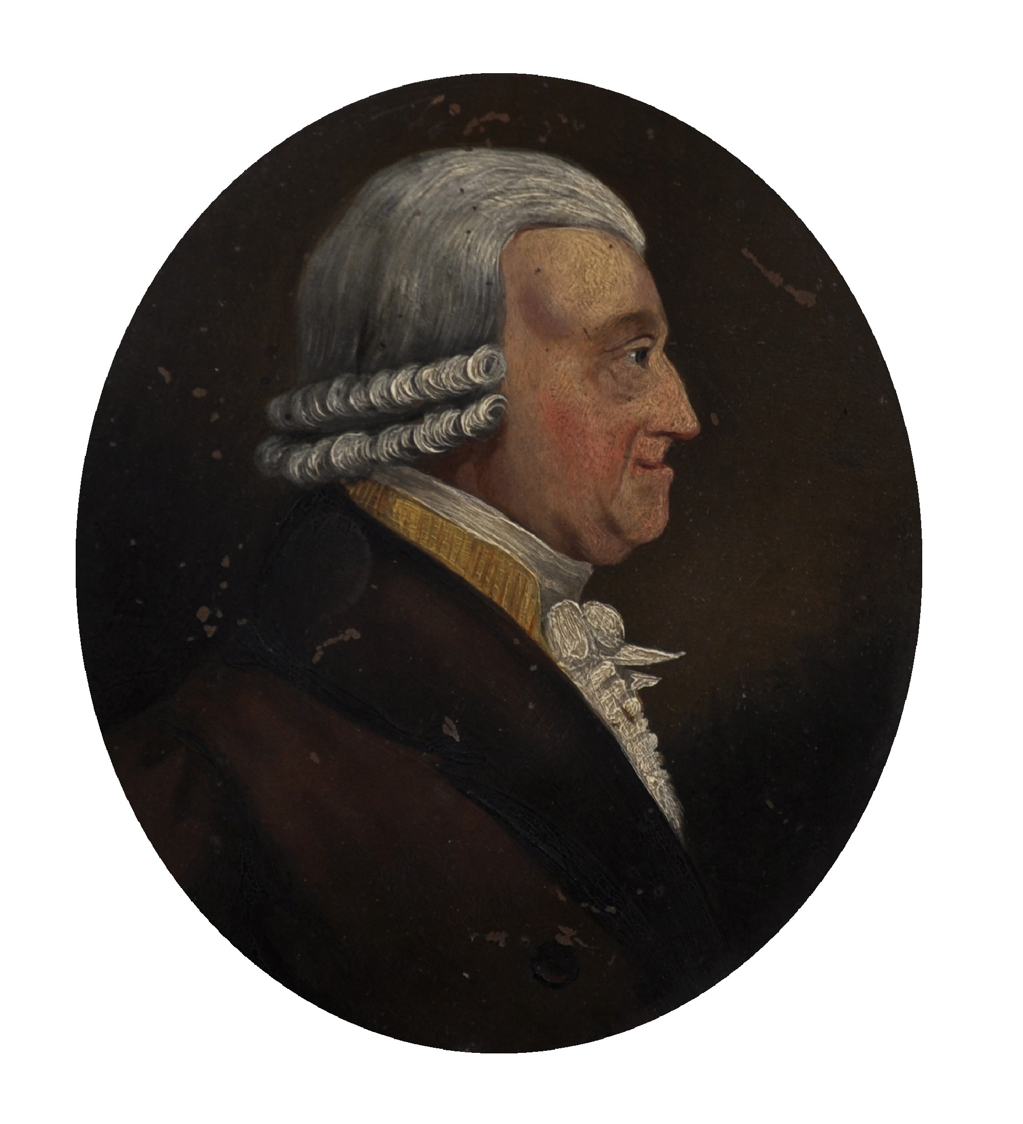18th Century English School. A Bust Portrait of a Wigged Man, Oil on Copper, Oval, 5.25" x 4.5".