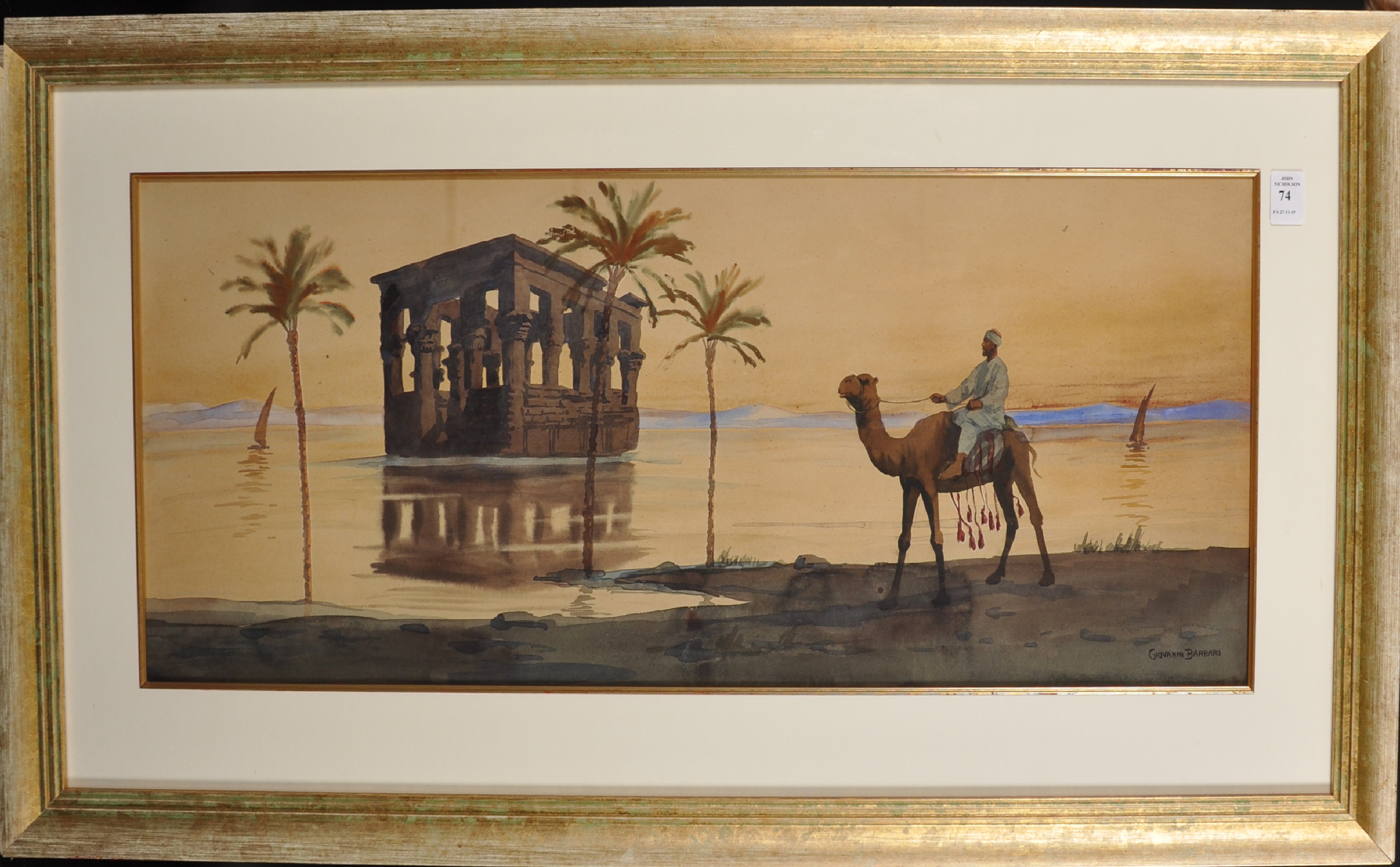 Giovanni Barbaro (1864-1915) Italian. "Pharoah's [sic] Bed, Philae, Nile", with a Figure Riding a - Image 2 of 5